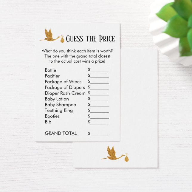 Devinez le prix Faux Gold Stork Shower Game Card (Bureau)