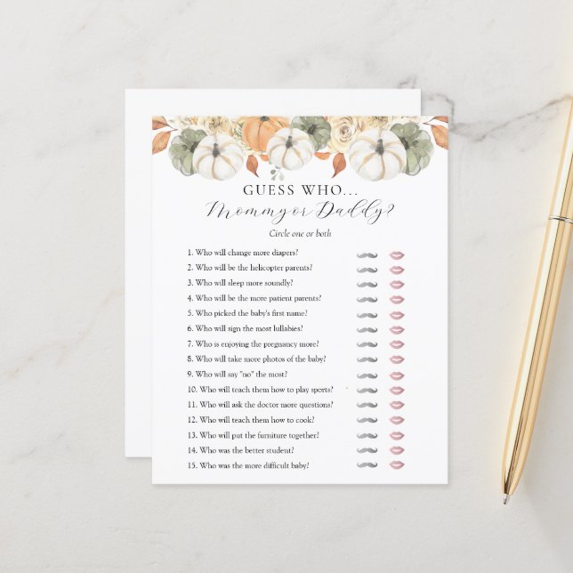 Devinez Qui maman ou papa Baby shower carte de jeu (Devant/Arrière en situation)