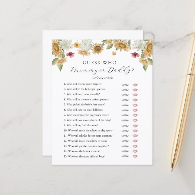 Devinez Qui maman ou papa Baby shower carte de jeu (Devant/Arrière en situation)