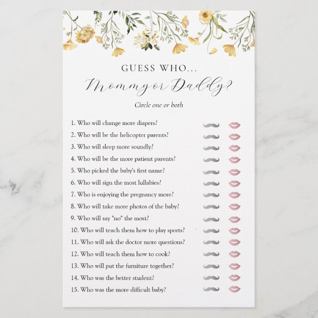 Devinez Qui maman ou papa Baby shower carte de jeu (Devant)