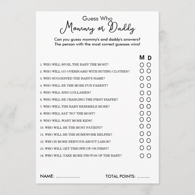 Devinez Qui maman ou papa Carte Baby shower de jeu (Devant)