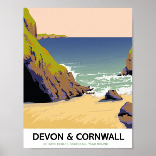 Devon & Cornwall "go by rail" vintage style travel Poster