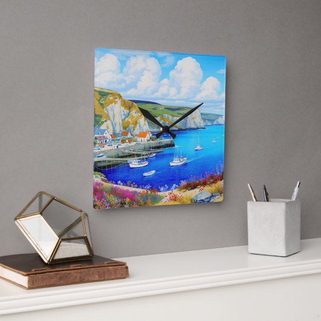 "Devon Harbour Dreamscape" – An English Seascape Square Wall Clock (Office)