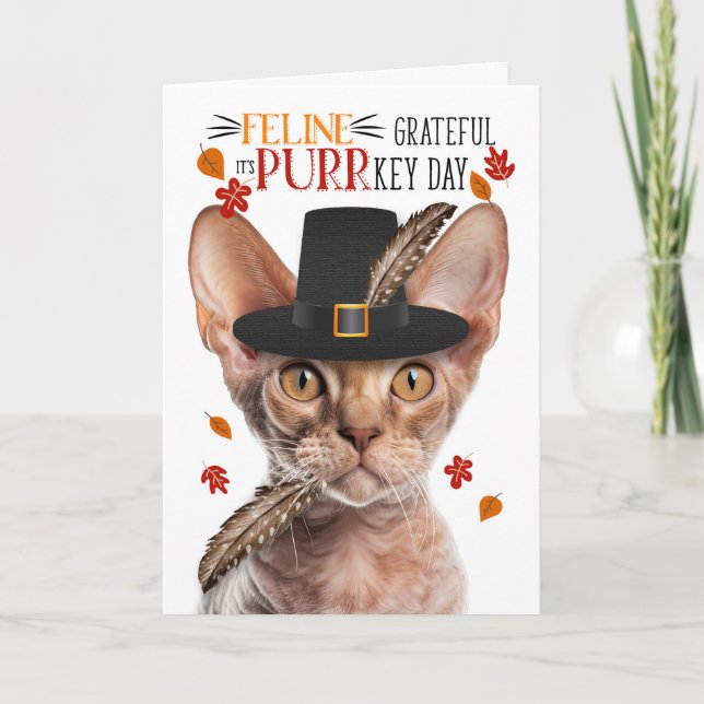 Devon Rex Cat Feline Grateful for PURRkey Day Holiday Card (Front)