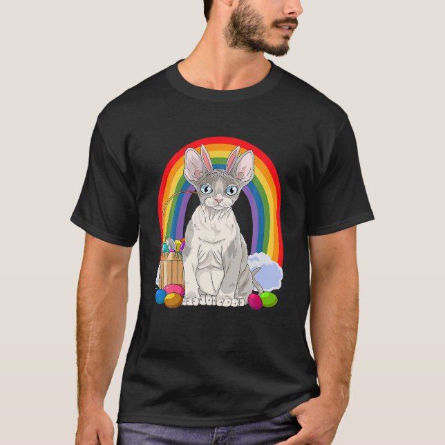 Devon Rex Cat Happy Easter Eggs Bunny T-Shirt (Front)
