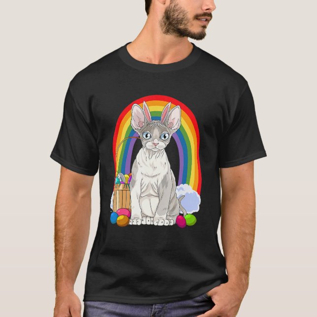 Devon Rex Cat Happy Easter Eggs Bunny   T-Shirt (Front)