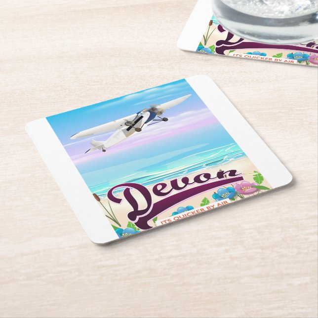Devon vintage flight travel poster square paper coaster (Angled)