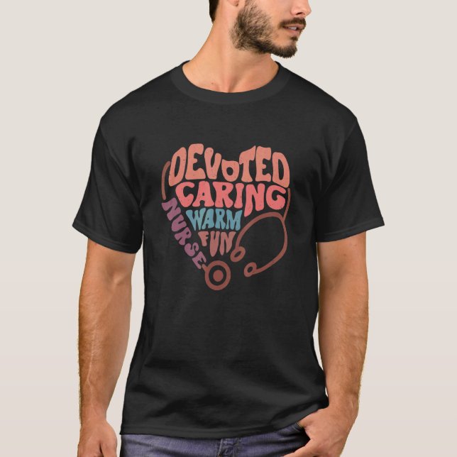 Devoted Caring Warm Fun Nurse Stethoscope Retro T-Shirt (Front)