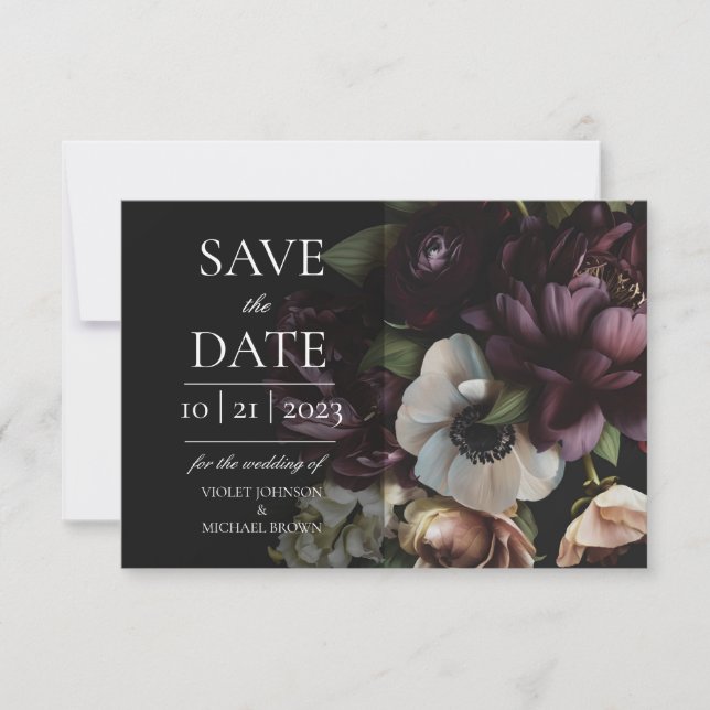Devoted Dark Floral Save the Date Card (Front)