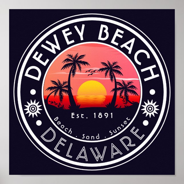 Dewey beach Delaware Sunset Beach Palm Tree 80s Poster (Front)