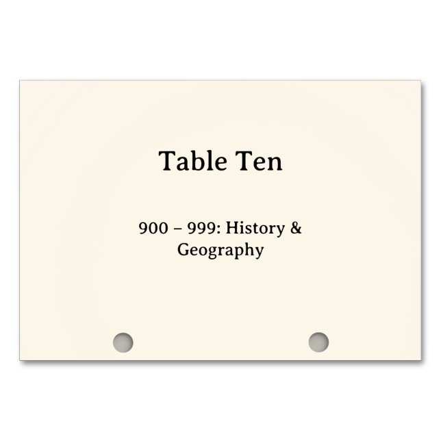 Dewey Decimal System Card Catalogue Table Numbers (Front)