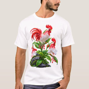 Dewy Red Rooster Tropical Flower Nature T-Shirt