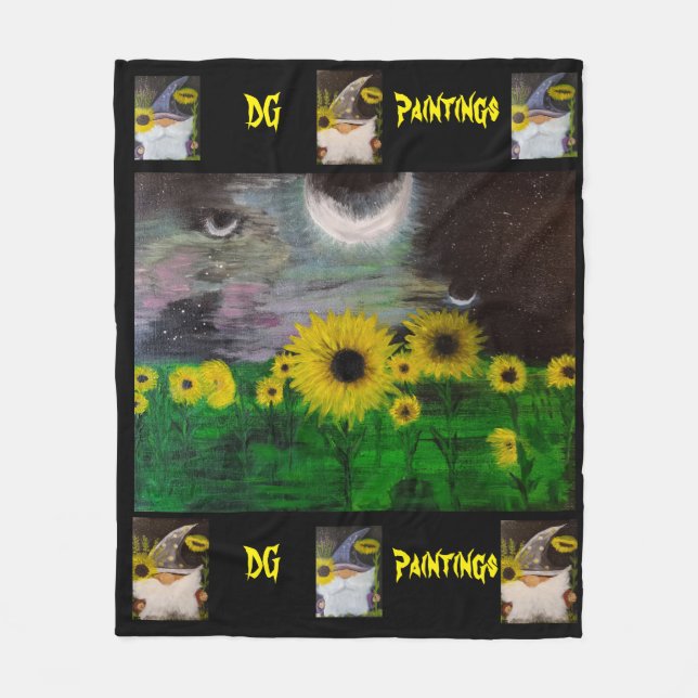 DG Paintings Mystical Sunflowers with Gnomes  Fleece Blanket (Front)