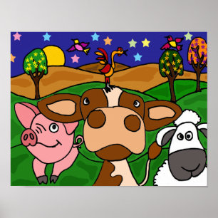 DH- Funny Folk Art  Barnyard Animals Poster