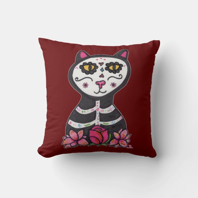 Dia de Las Muertos Cat Halloween Cool Art Throw Pillow (Front)