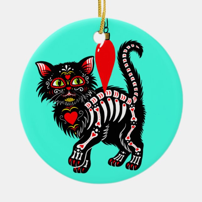 Dia De Los Christmas Kitty Cute Ceramic Ornament (Front)