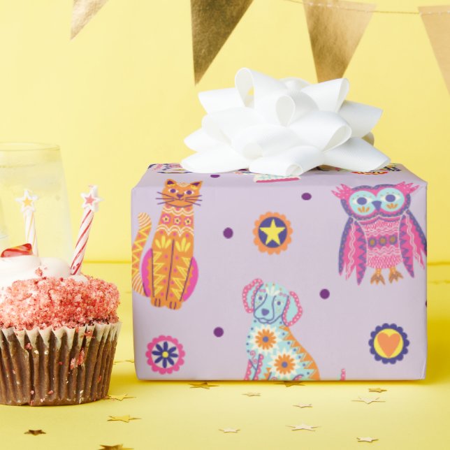 Dia de los Muertos Animals Purple Wrapping Paper (Birthday Party)