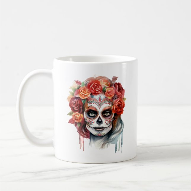 Dia de los Muertos Beautiful Woman Sugar Skull Coffee Mug (Left)