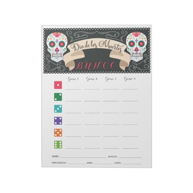 Dia De Los Muertos Bunco Game Score Card Notepad (Rotated)