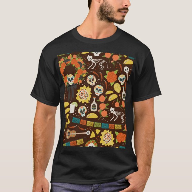 Dia De Los Muertos, cartoon pattern. T-Shirt (Front)