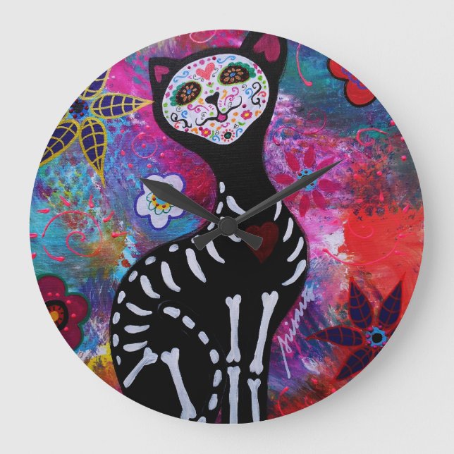 Dia de los Muertos Cat El Gato Lover Large Clock (Front)