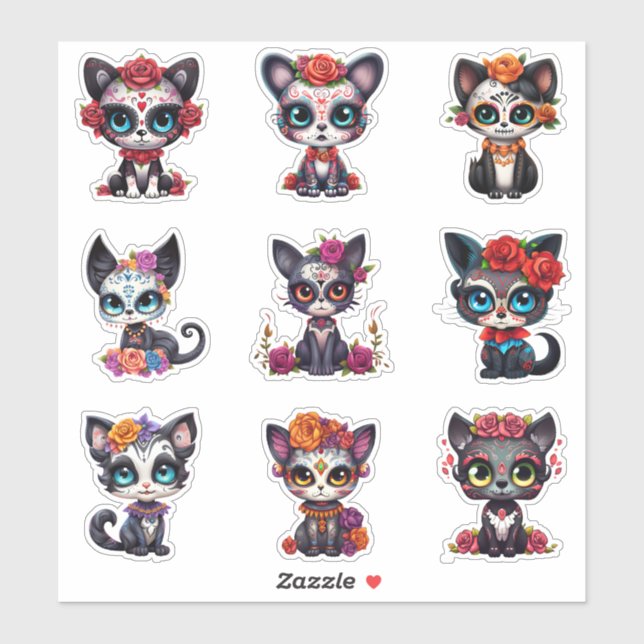Dia de Los Muertos Cat Stickers - Set of 9 (Sheet)