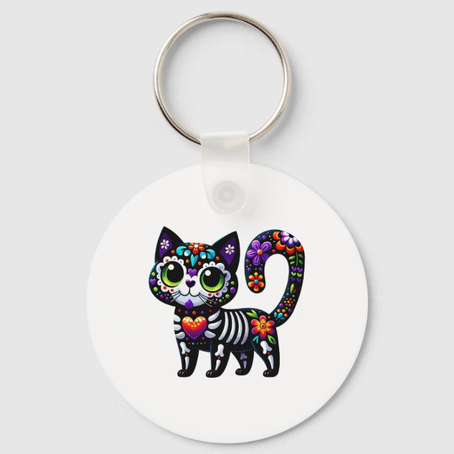 Dia De Los Muertos Cinco De Mayo Cat Sugar Skull M Keychain (Front)