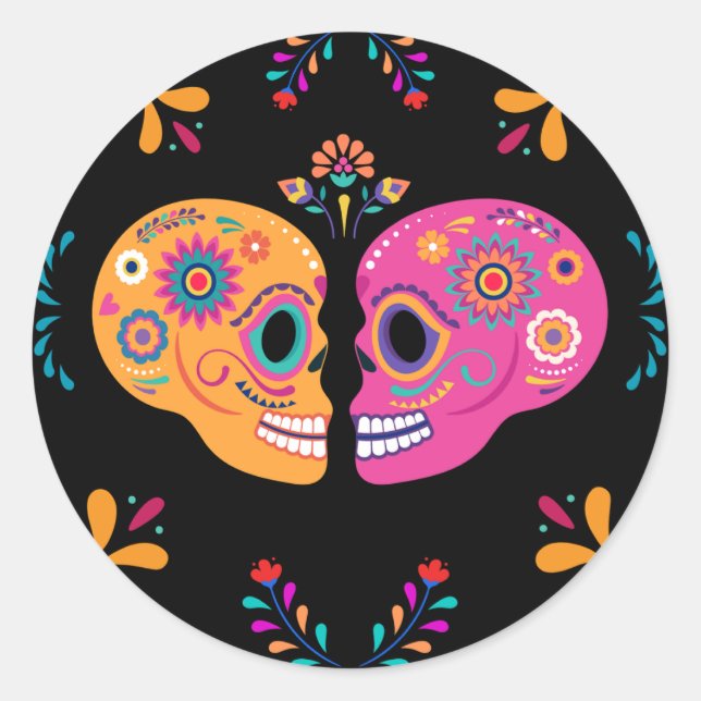 Dia de los Muertos Colourful Couple Sugar Skull Classic Round Sticker (Front)