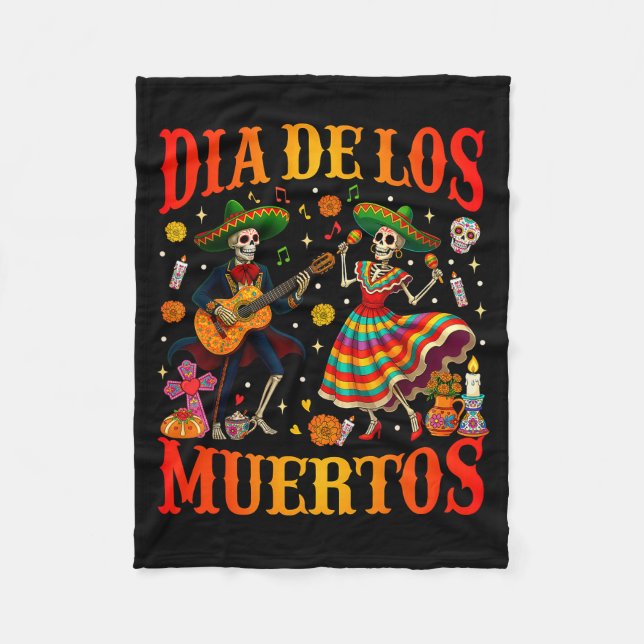 Dia De Los Muertos Dancing Skeletons Guitar Day Of Fleece Blanket (Front)