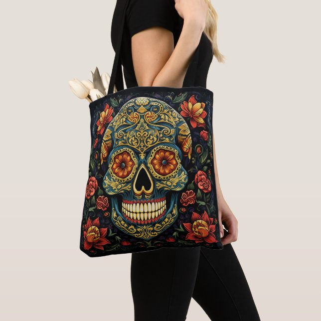 Dia de los Muertos Decorative Skull Tote Bag (Close Up)