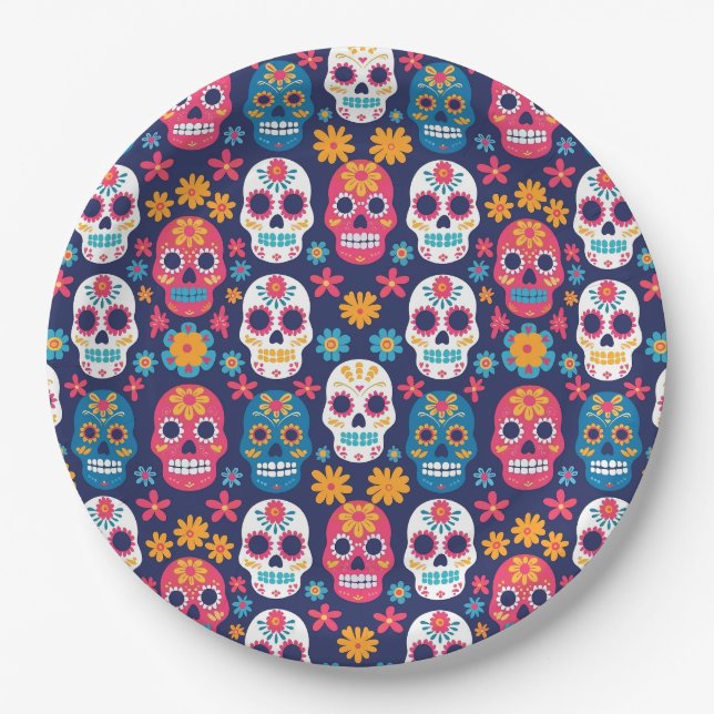 Dia de Los Muertos Halloween Pattern Paper Plates (Front)