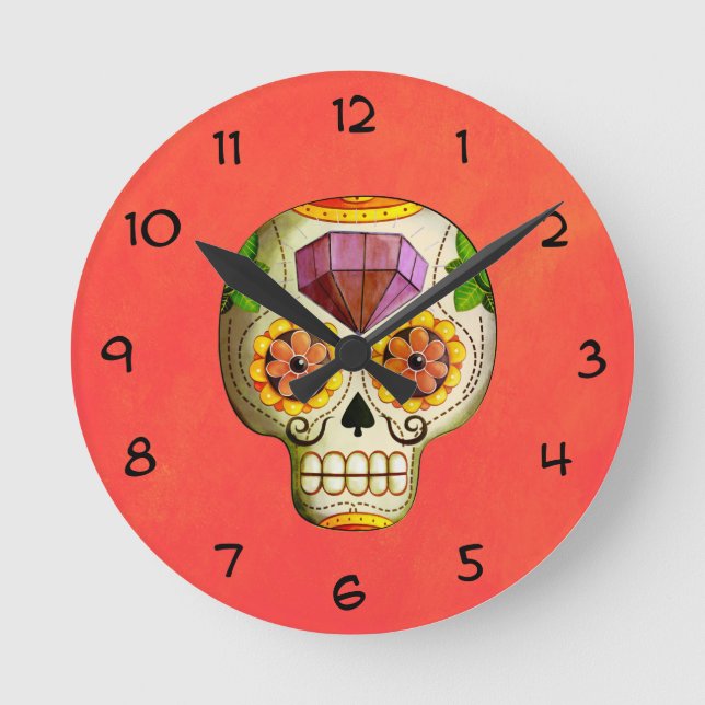 Dia de Los Muertos Mexican Sugar Skull Round Clock (Front)