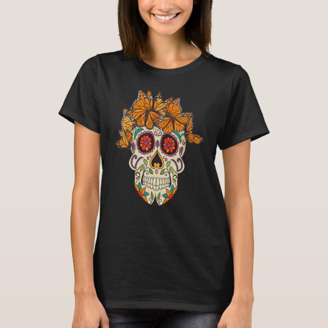 Dia De Los Muertos Monarch Butterfly Sugar Skull   T-Shirt (Front)