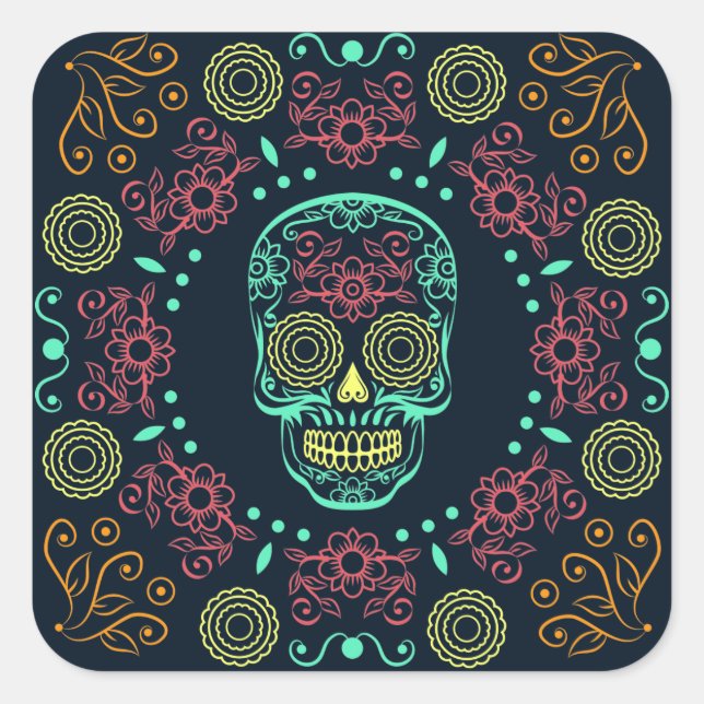 Dia de los Muertos Neon Floral Skull Sticker Seal (Front)