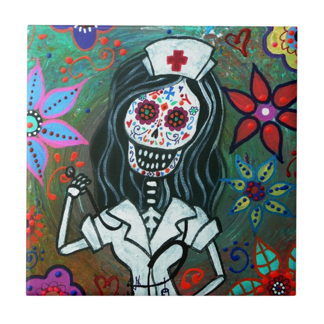 Dia de los Muertos Nurse RN painting Tile (Front)