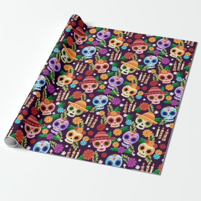 Dia de los Muertos Pattern Wrapping Paper (Unrolled)