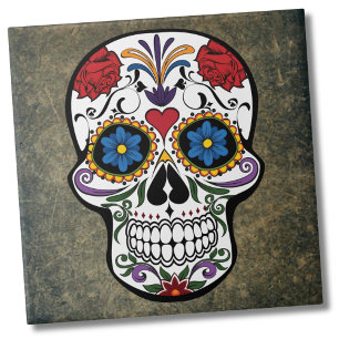 Dia De Los Muertos Red Roses Sugar Skull Tile