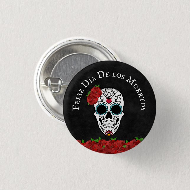 Dia De Los Muertos Red Turquoise Sugar Skull 1 Inch Round Button (Front & Back)