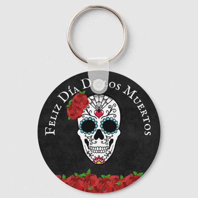 Dia De Los Muertos Red Turquoise Sugar Skull Keychain (Front)