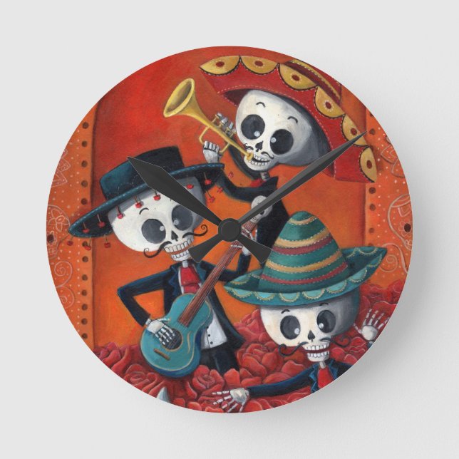 Dia de Los Muertos Skeleton Mariachi Trio Round Clock (Front)