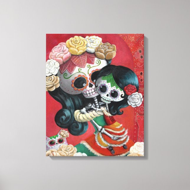 Dia de Los Muertos Skeletons Mother and Daughter Canvas Print (Front)