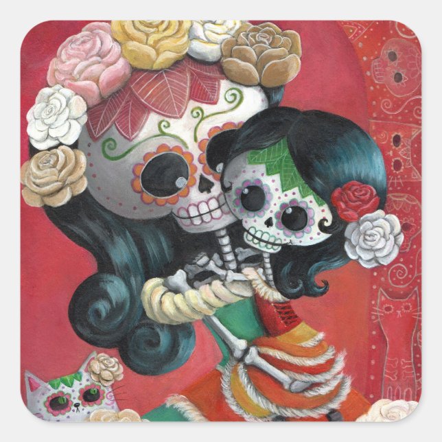 Dia de Los Muertos Skeletons Mother and Daughter Square Sticker (Front)