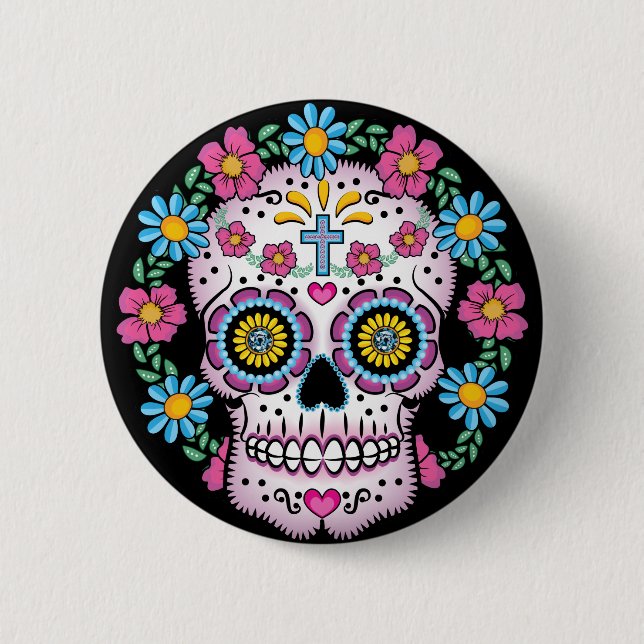 Dia de los Muertos Skull 2 Inch Round Button (Front)
