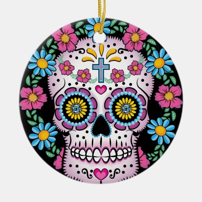 Dia de los Muertos Skull Ceramic Ornament (Front)