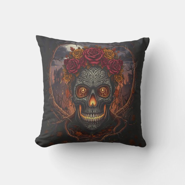 Día de los Muertos Skull, Gothic throw pillow (Front)