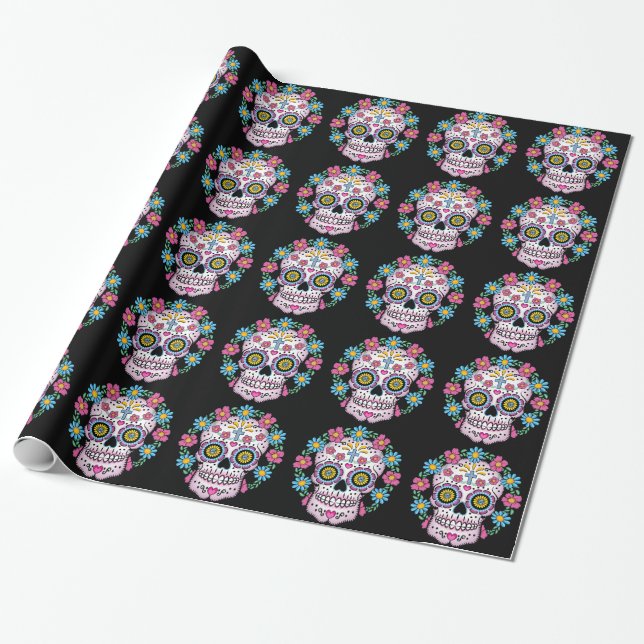 Dia de los Muertos Skull Wrapping Paper (Unrolled)