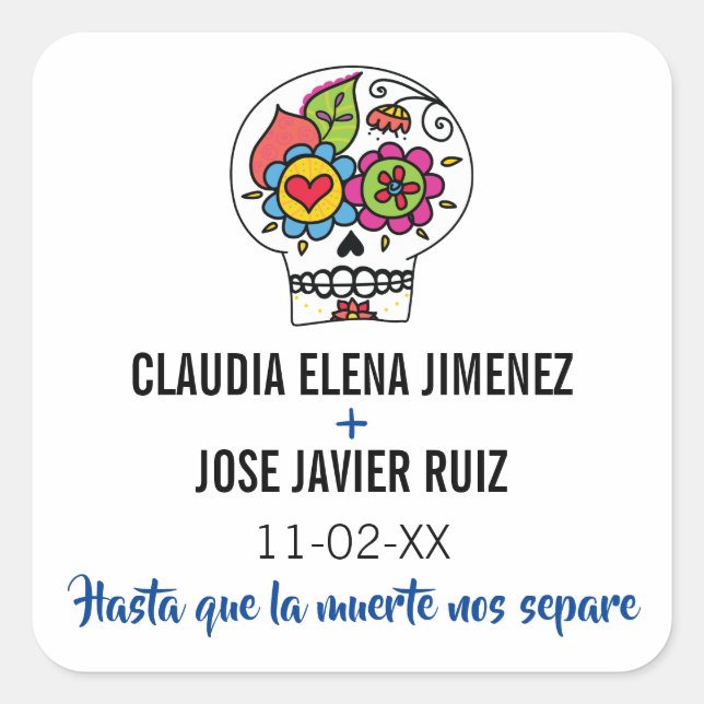 Dia de Los Muertos, Square Wedding Sticker (Front)