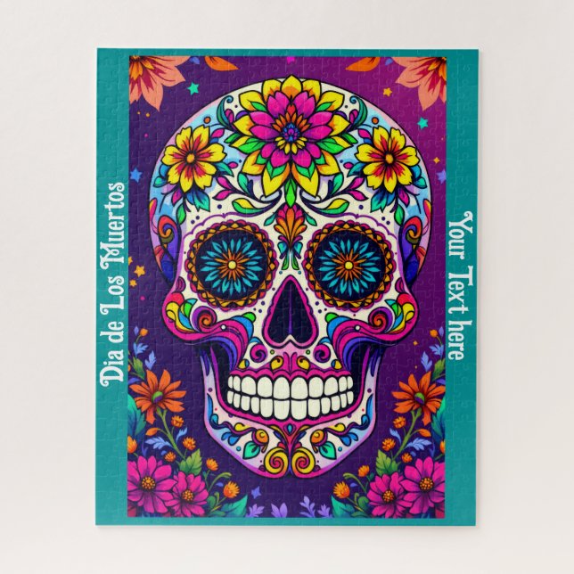 Dia de Los Muertos Sugar Skull Personalized Text Jigsaw Puzzle (Vertical)