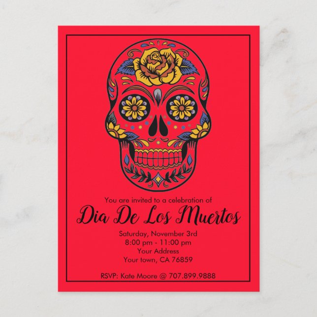 Dia De Los Muertos Sugar Skull Red Party Invitation Postcard (Front)