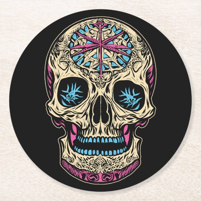 Dia De Los Muertos Sugar Skull Round Paper Coaster (Front)